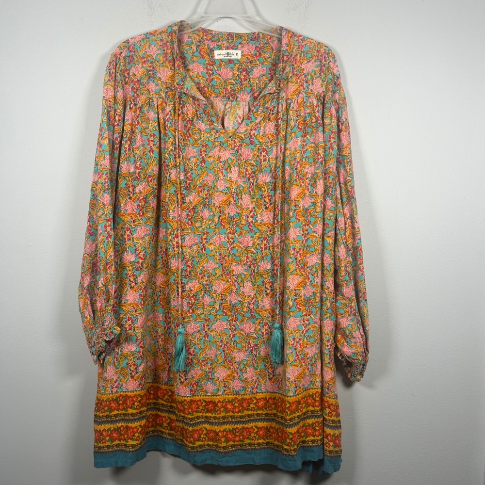 Natural Life Tunic Top Womens Medium Teal Pink Floral Boho Tassel Boho Festival